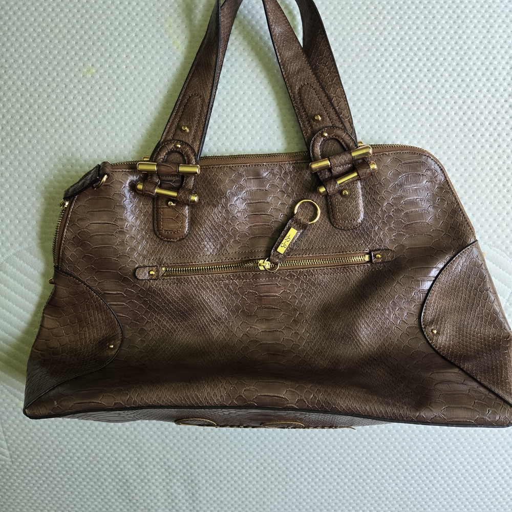 Jessica Simpson Brown and Gold Shoulder Bag with Vintage Leather
